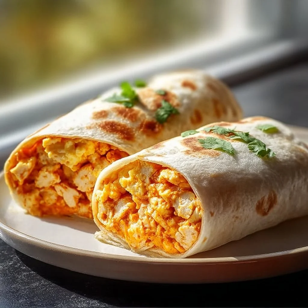 Delicious Buffalo Chicken Breakfast Burritos ready to serve.