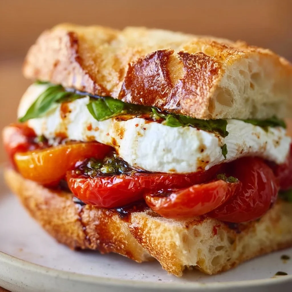 Burrata Caprese Sandwich with fresh tomatoes and basil