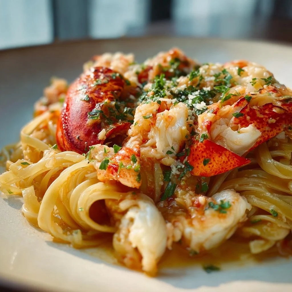 Plate of buttered lobster pasta garnished with herbs and parmesan cheese
