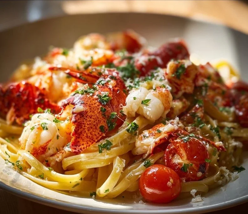 Buttered lobster pasta with cherry tomatoes garnished with herbs