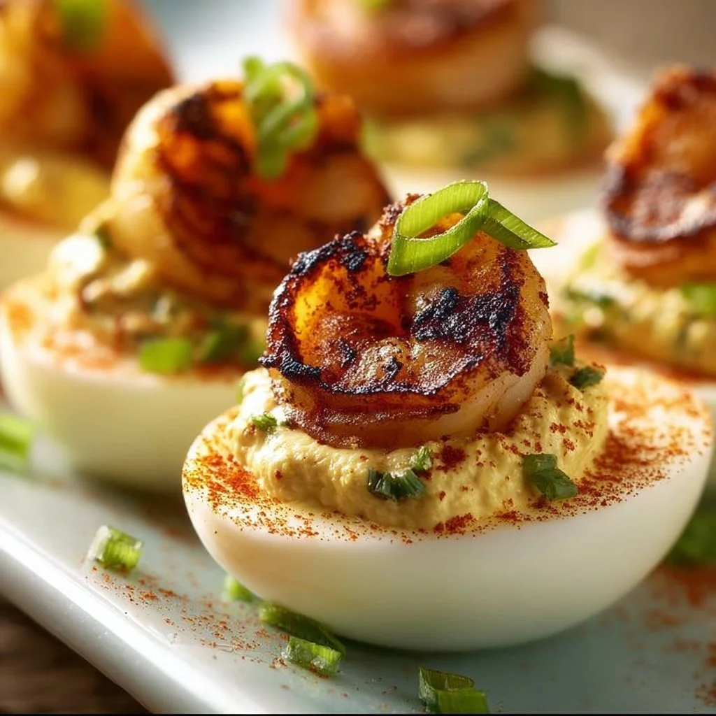 Cajun Shrimp Deviled Eggs garnished with spices and herbs