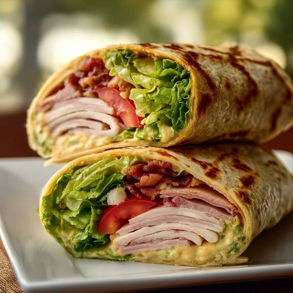 California Turkey Club Wrap with turkey, lettuce, and tomatoes wrapped in tortilla