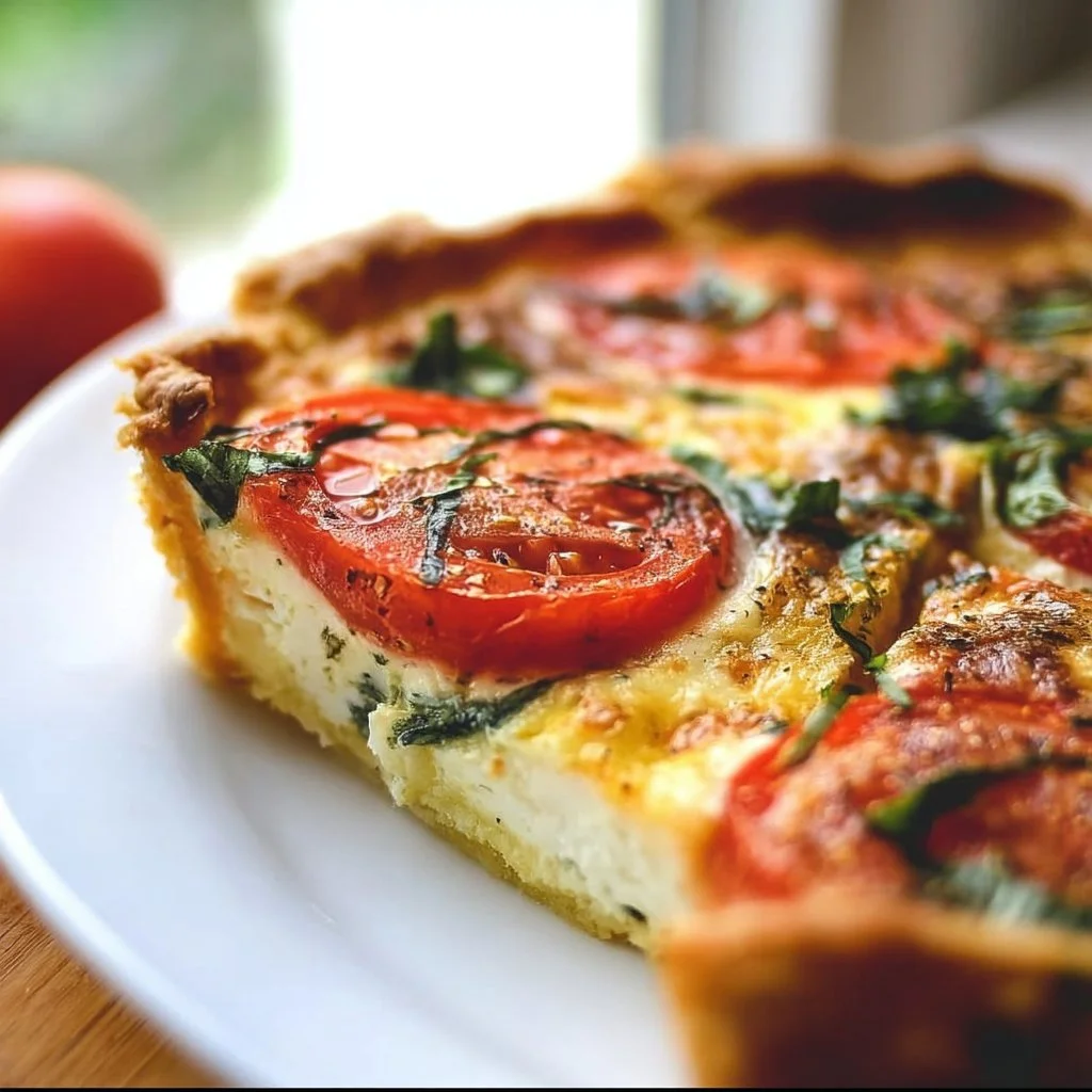 Delicious Caprese Quiche with fresh tomatoes, mozzarella, and basil