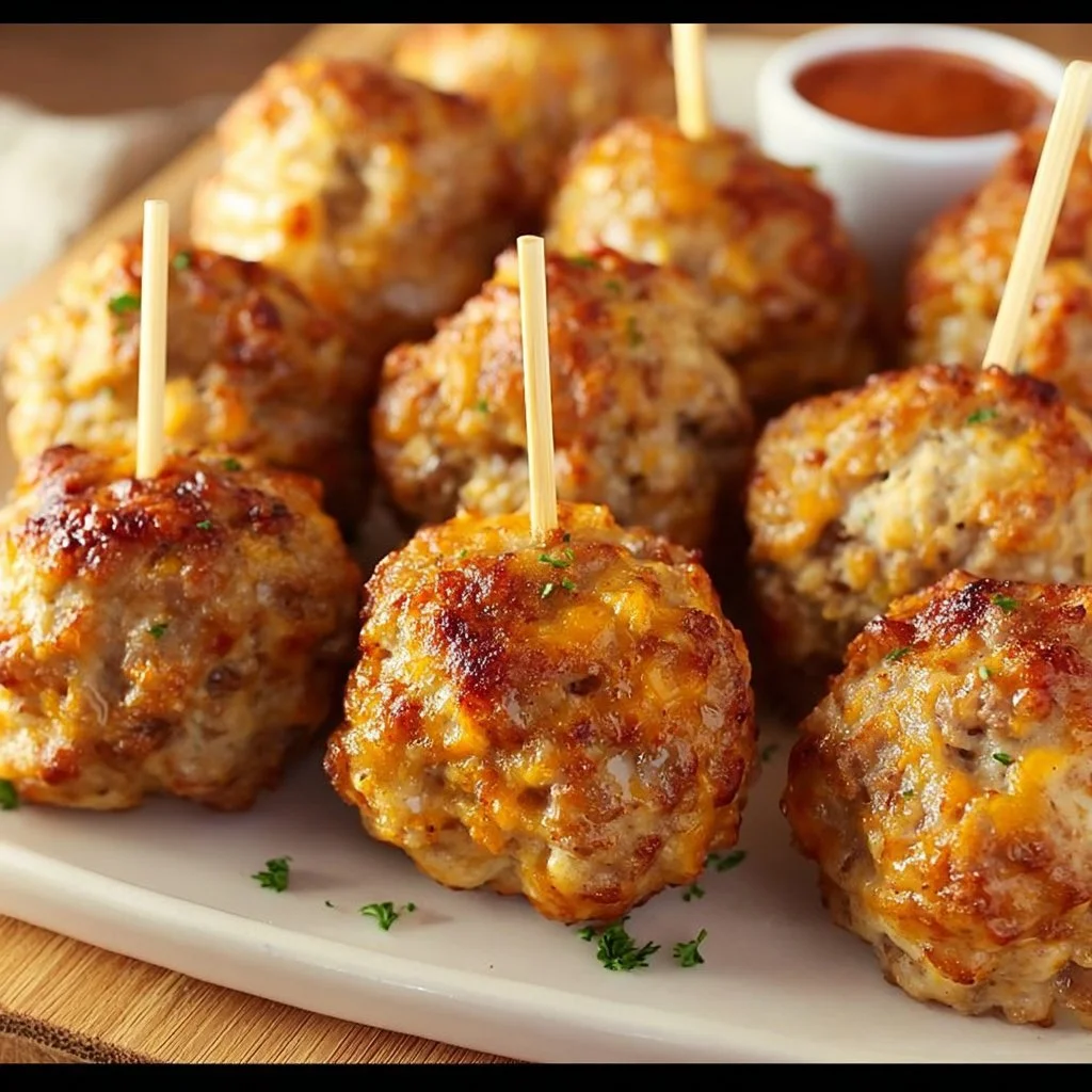 Cheddar Bay Sausage Balls ready to serve, golden brown and cheesy.