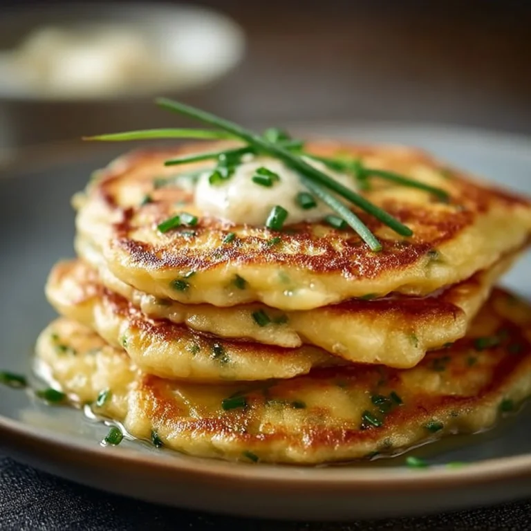 Cheese and chive pancakes served on a plate, garnished with herbs