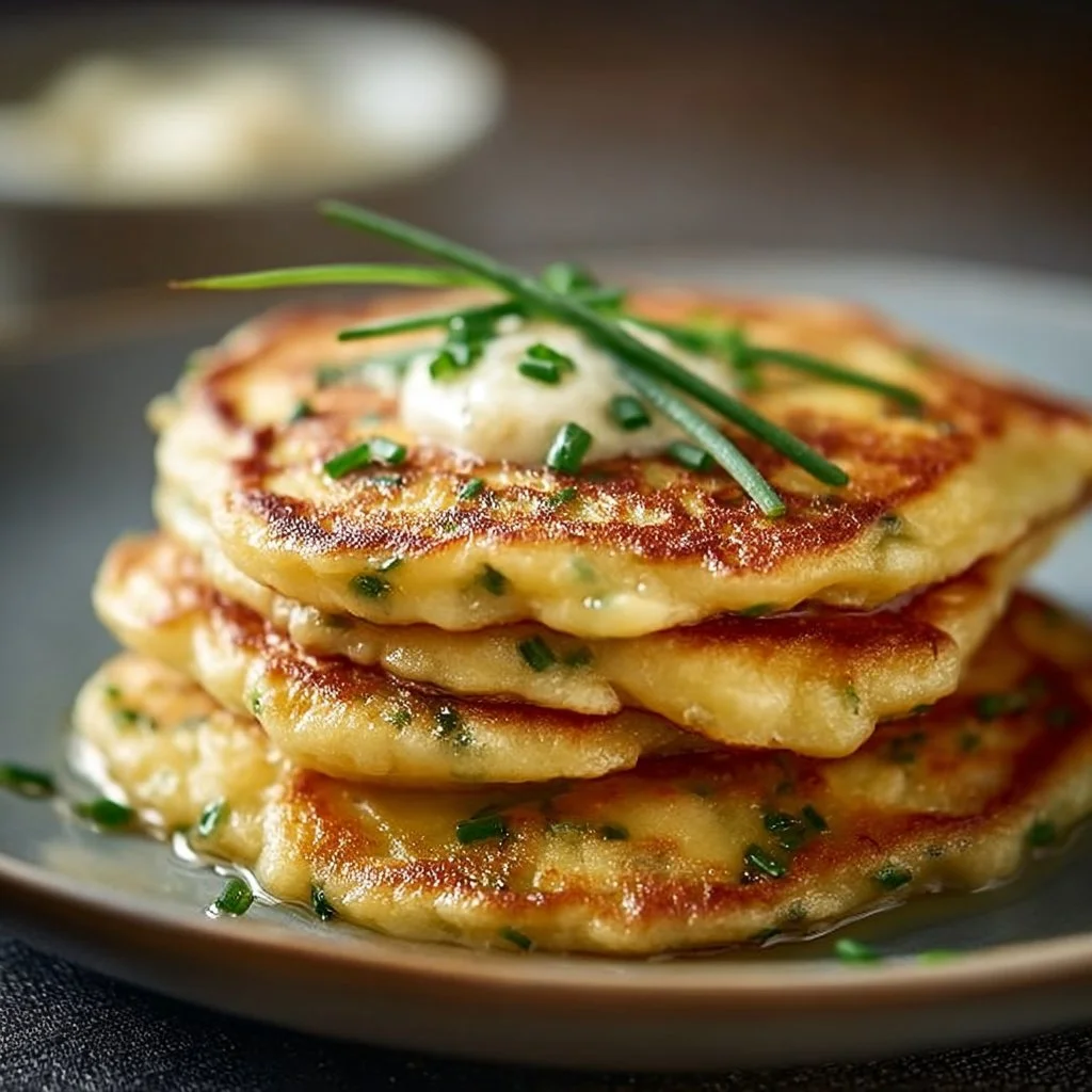 Cheese and chive pancakes served on a plate, garnished with herbs
