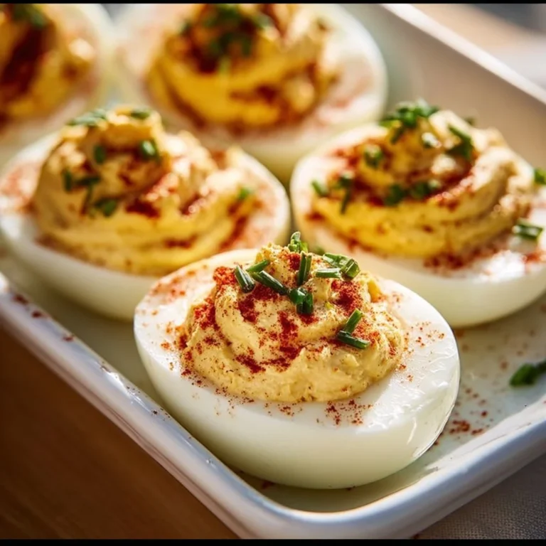 Delicious cheesy deviled eggs garnished with paprika on a plate