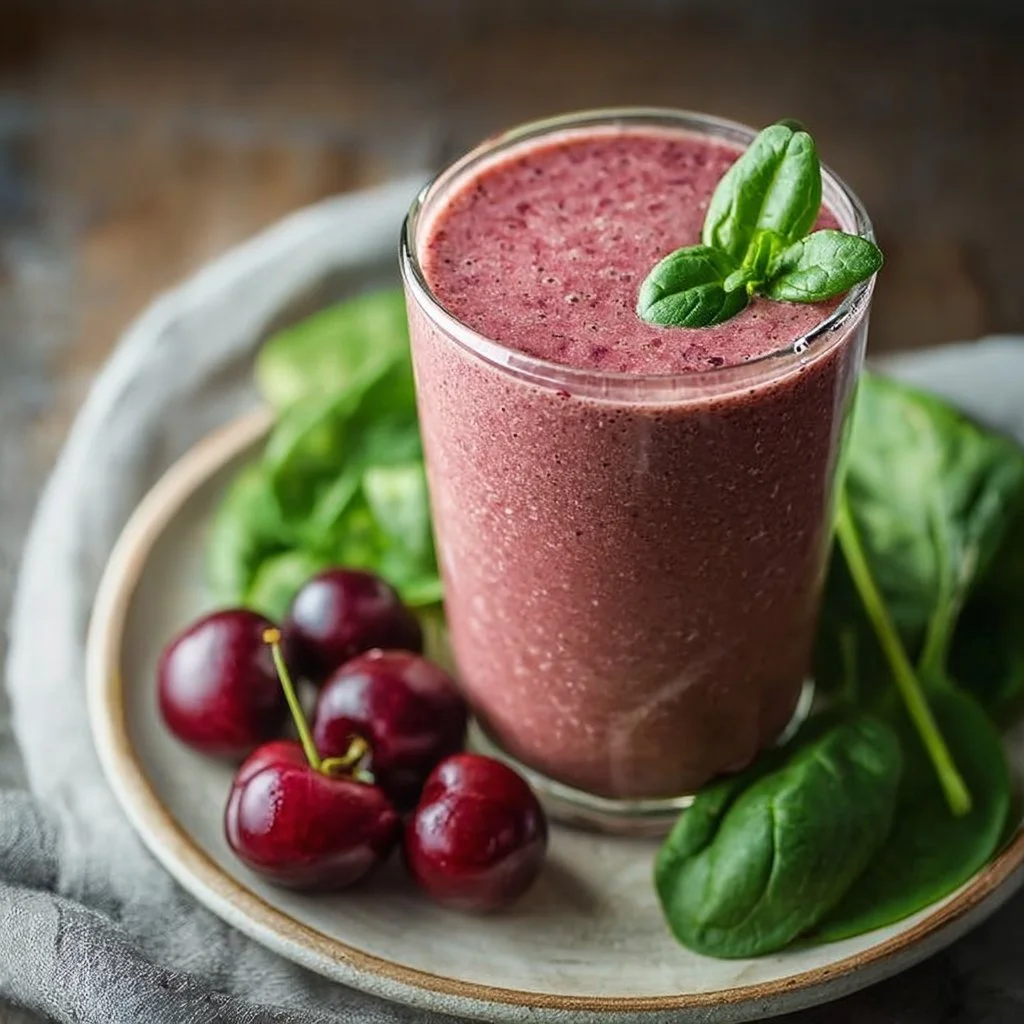 Cherry Spinach Smoothie in a glass with fresh ingredients