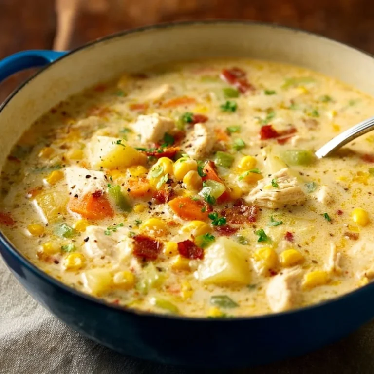 Bowl of creamy Chicken Corn Chowder garnished with herbs