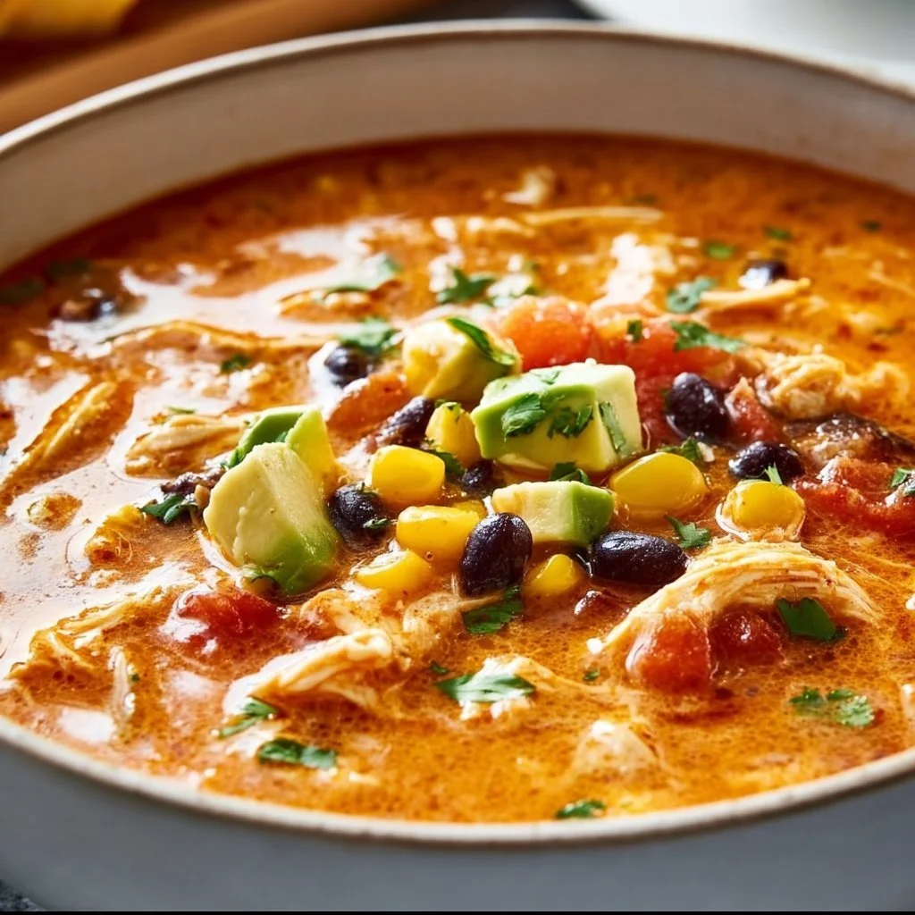 Bowl of creamy Chicken Enchilada Soup topped with cheese and cilantro