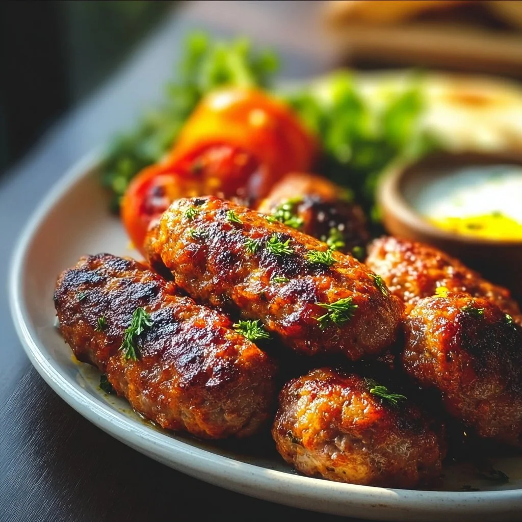 Plate of homemade chicken meatballs garnished with herbs and spices.
