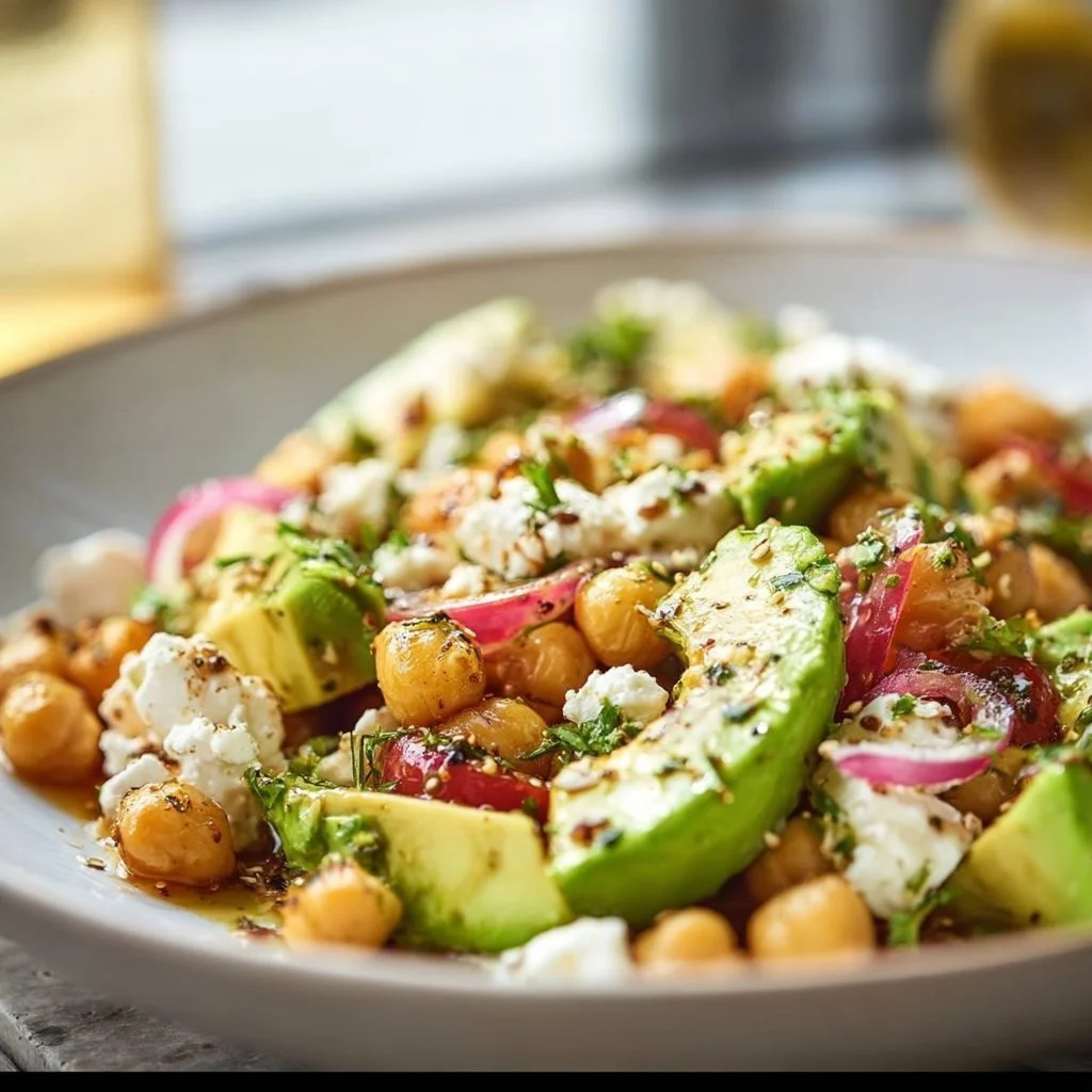 Chickpea feta avocado salad in a colorful bowl