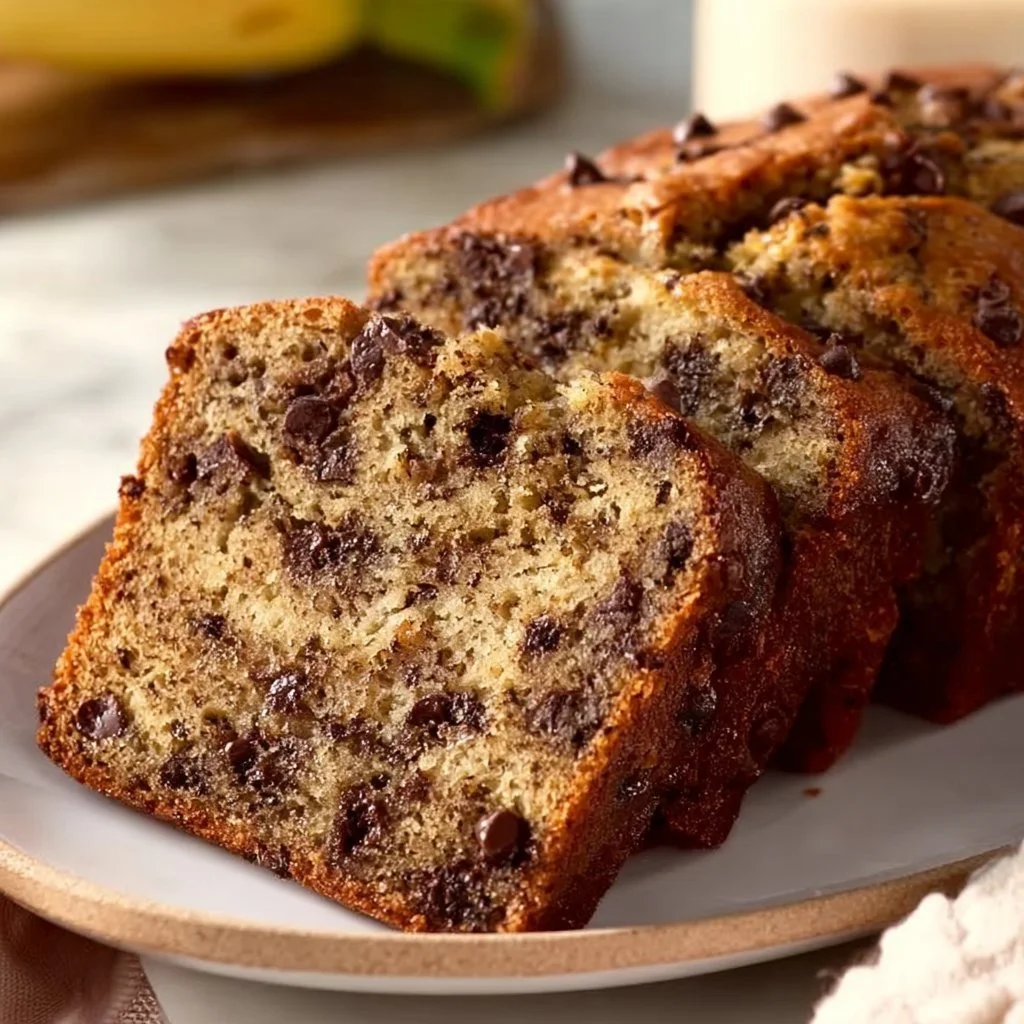 Homemade chocolate chip banana bread with slices on a wooden board