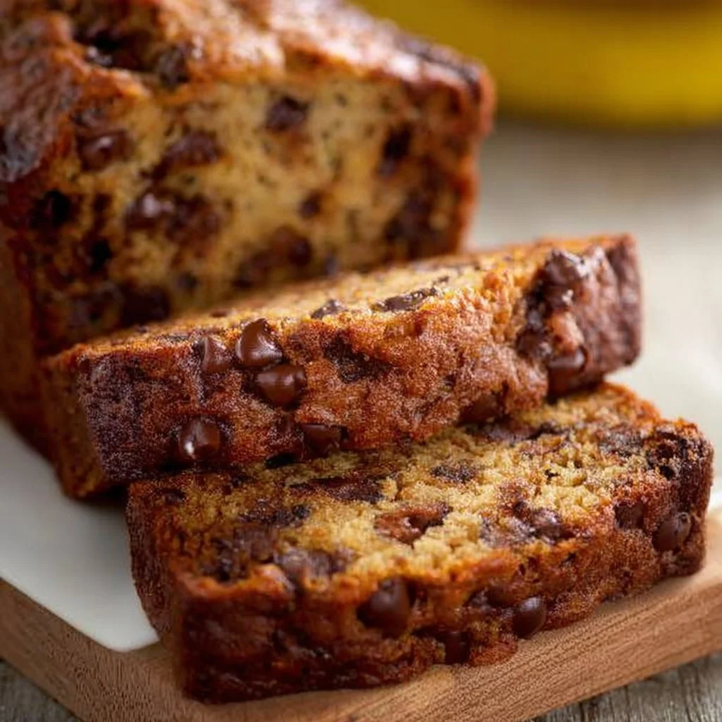 Delicious chocolate chip banana bread on a rustic wooden table.