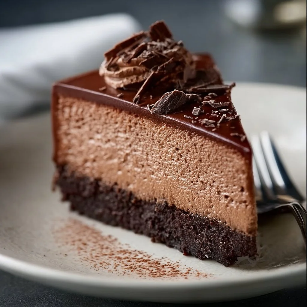 Delicious chocolate mousse cake topped with chocolate shavings and berries