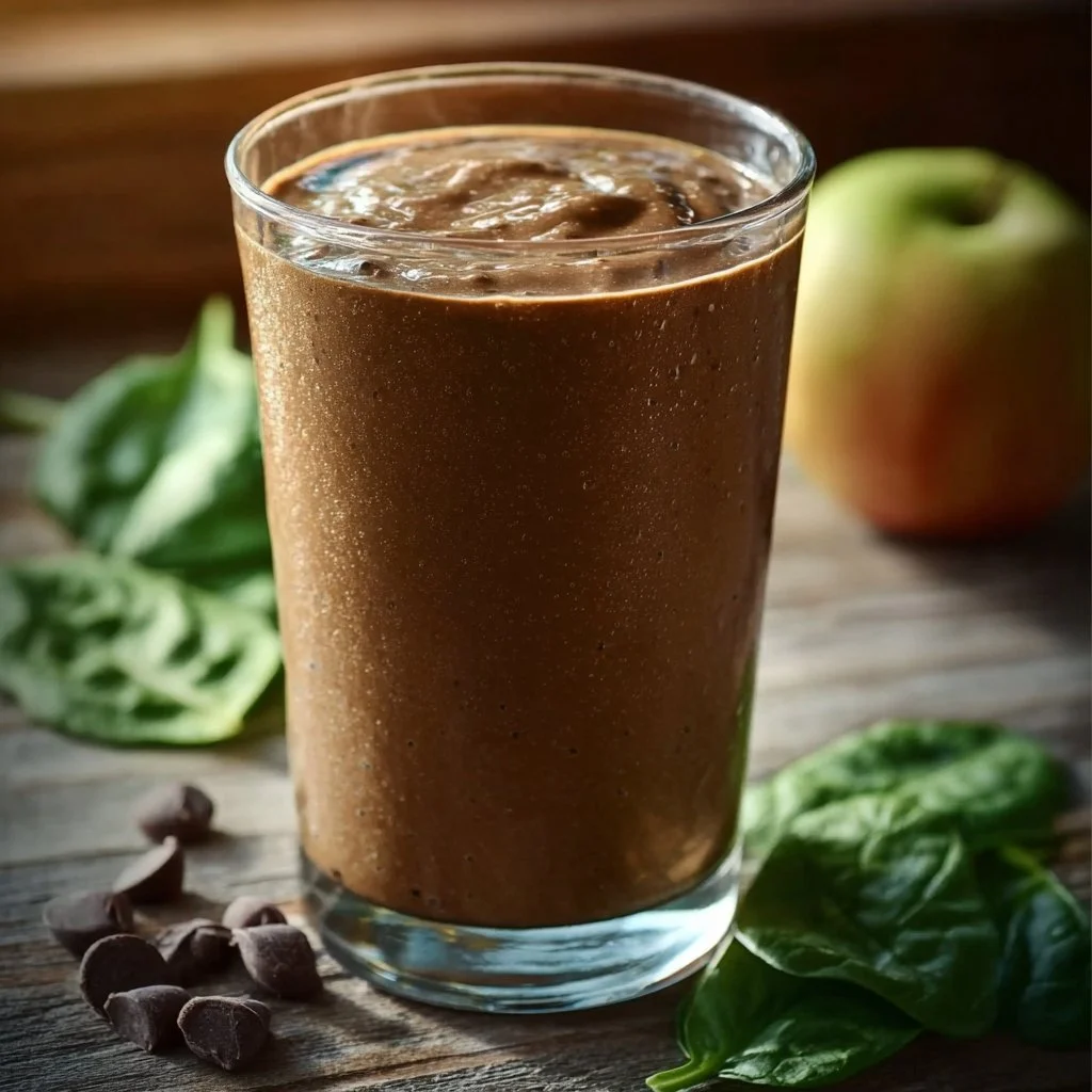 Creamy chocolate spinach smoothie served in a glass with fresh spinach leaves.