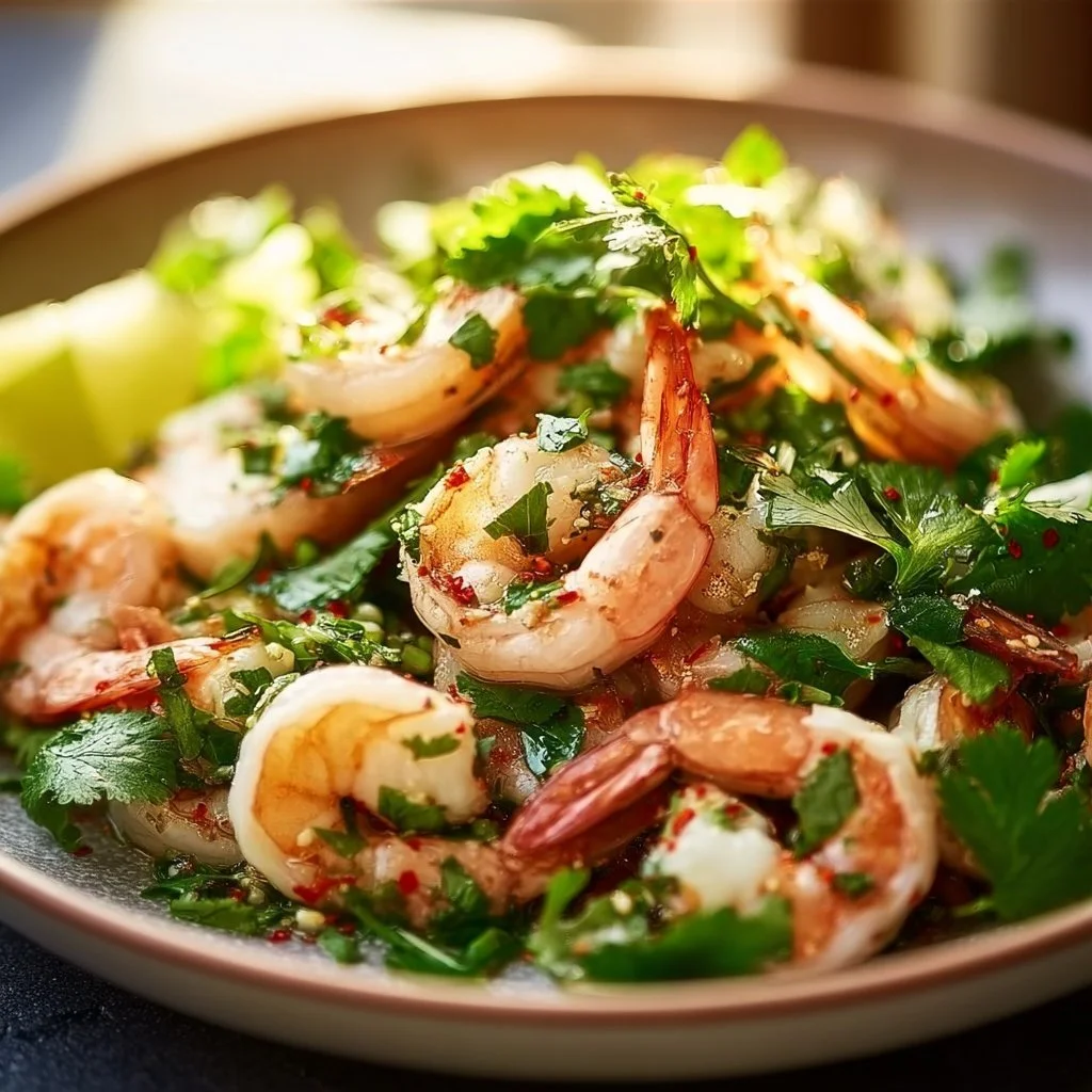Cilantro salad with shrimp garnished with lime and avocado