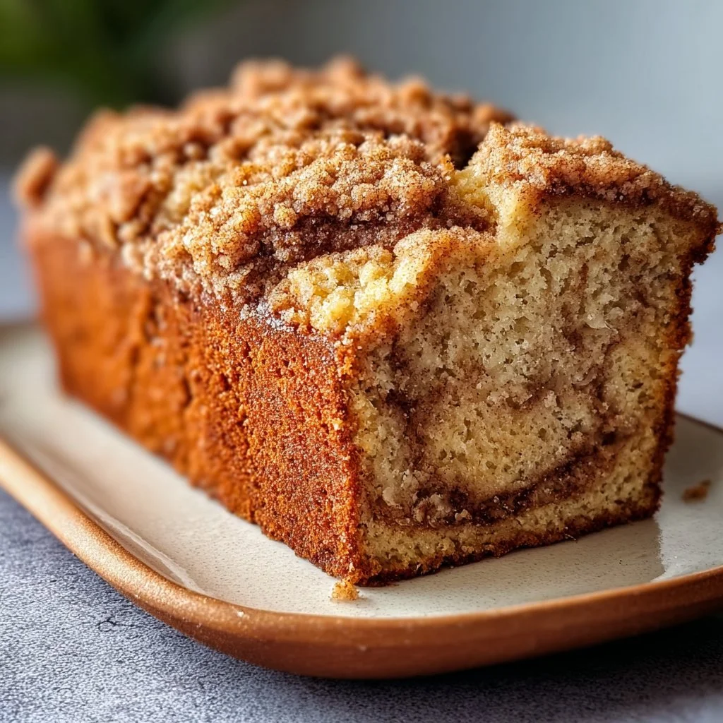 Freshly baked Cinnamon Crumb Banana Bread loaf topped with crumbly cinnamon topping.