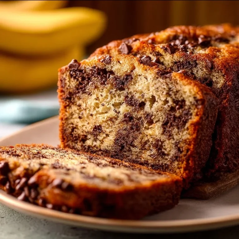 Loaf of classic chocolate chip banana bread sliced on a wooden cutting board