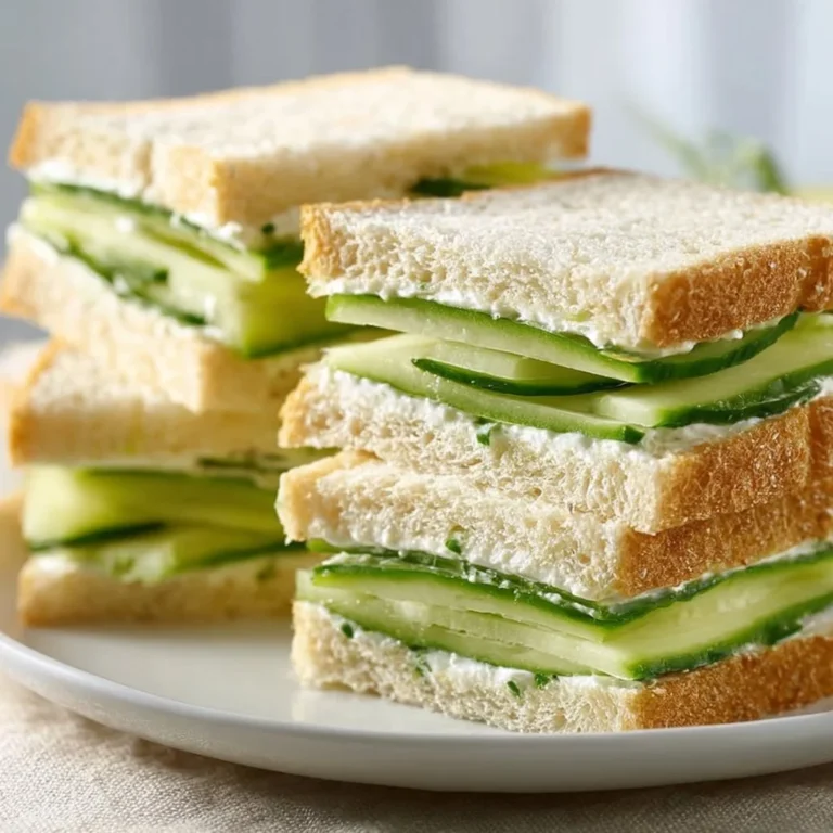 Plate of classic cucumber sandwiches with fresh herbs and cream cheese