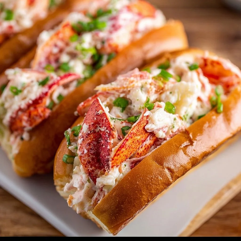 Delicious classic lobster rolls on a rustic wooden table