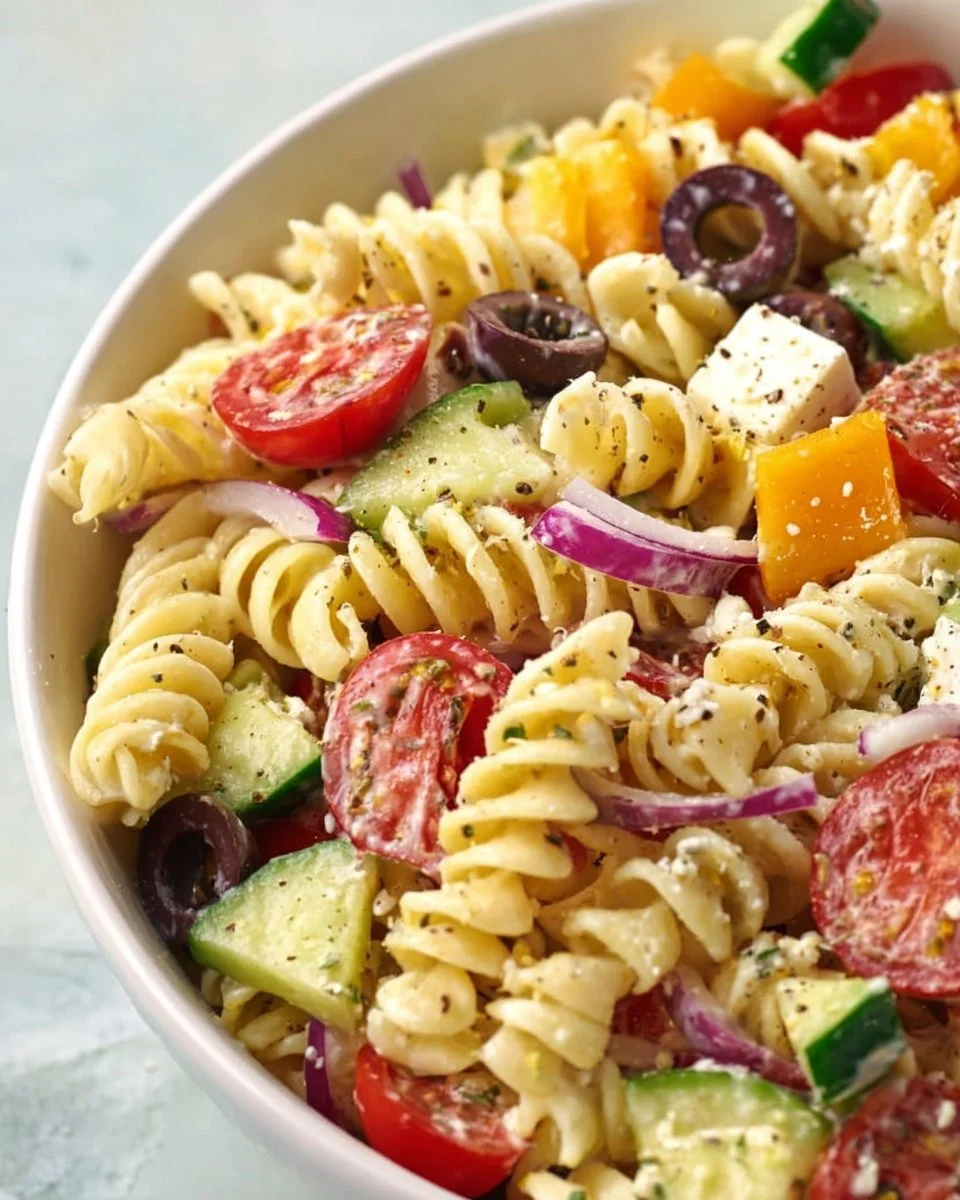 Classic pasta salad with colorful veggies and dressing in a bowl.