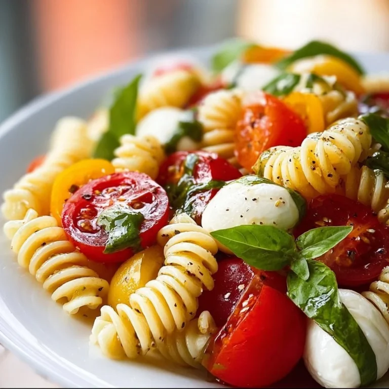 Colorful Caprese Pasta Salad with tomatoes, basil, and mozzarella