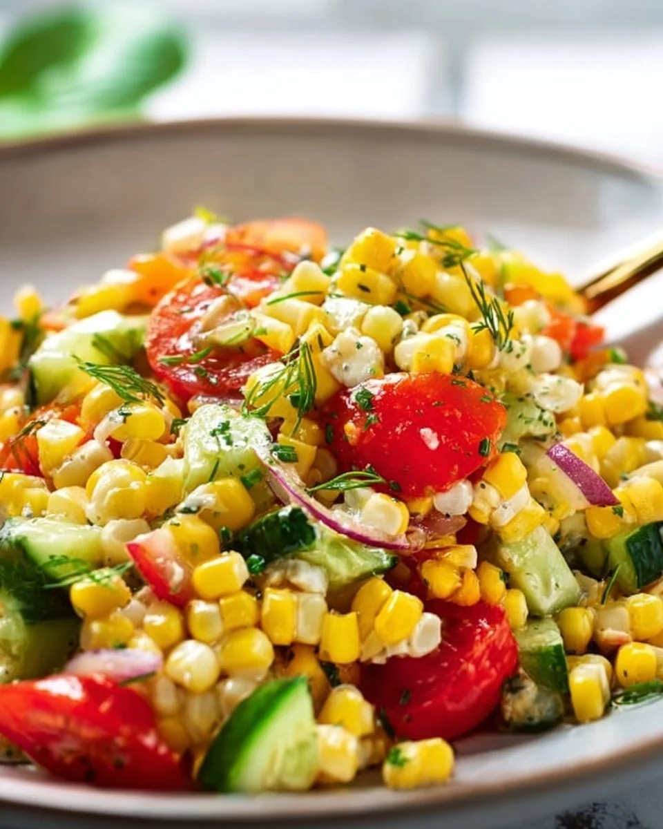 Delicious corn salad with fresh vegetables and dressing