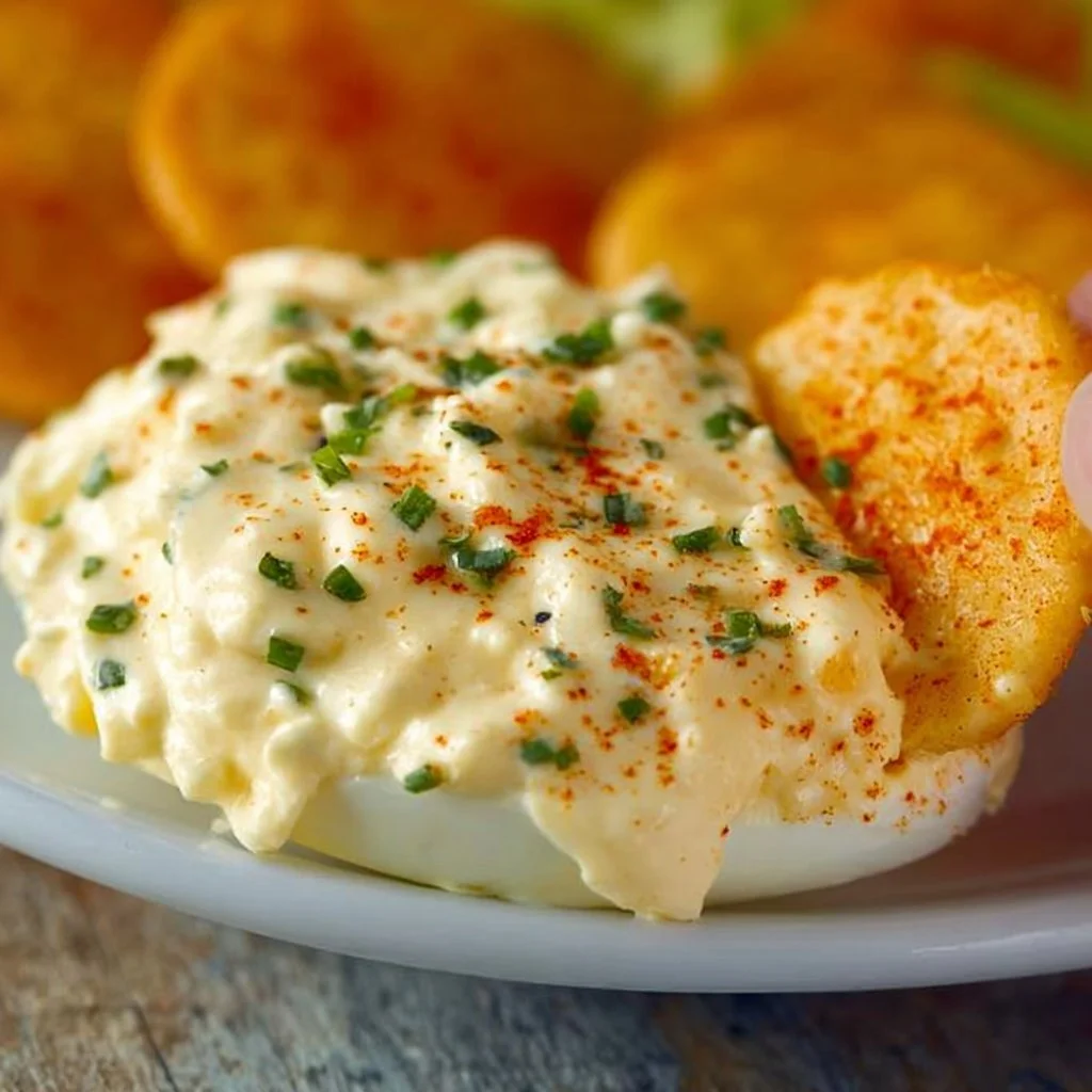 Cottage Cheese Deviled Egg Dip served in a bowl with fresh herbs on top