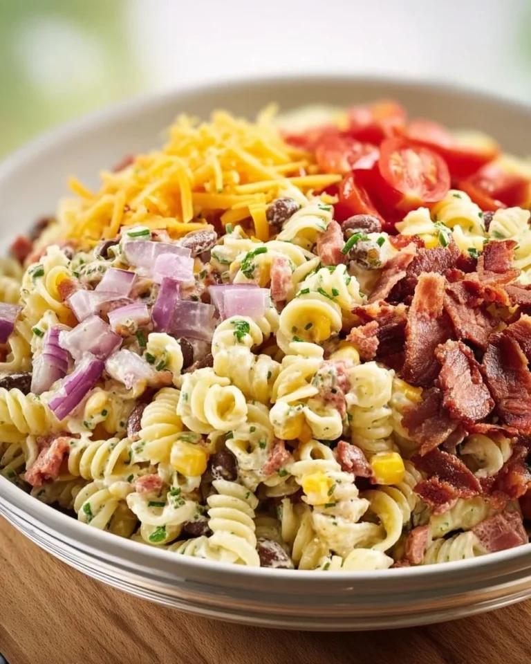 A colorful bowl of Cowboy Pasta Salad with vegetables and dressing