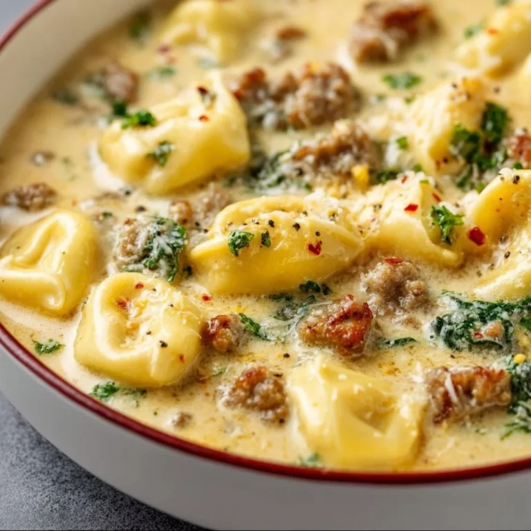 Bowl of creamy sausage tortellini soup with fresh herbs and a sprinkle of cheese
