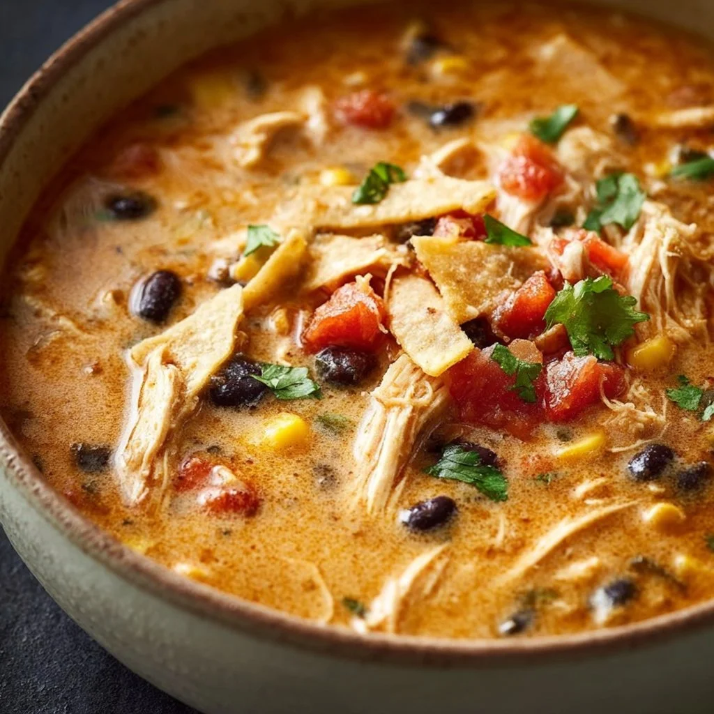 Bowl of creamy chicken tortilla soup topped with crispy tortilla strips