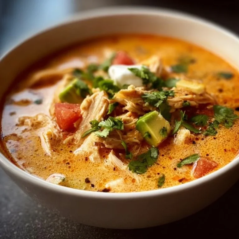 Bowl of creamy chicken tortilla soup topped with tortilla strips and cilantro