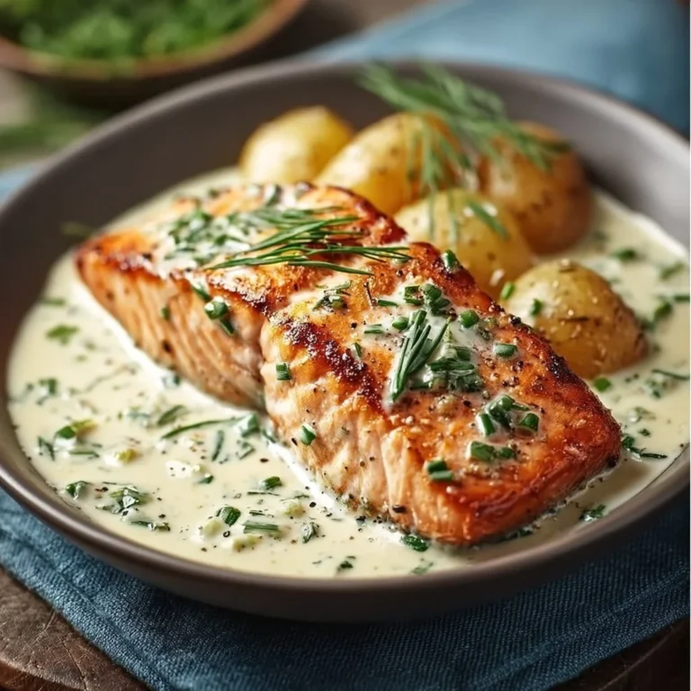 Plate of creamy chive salmon garnished with fresh chives