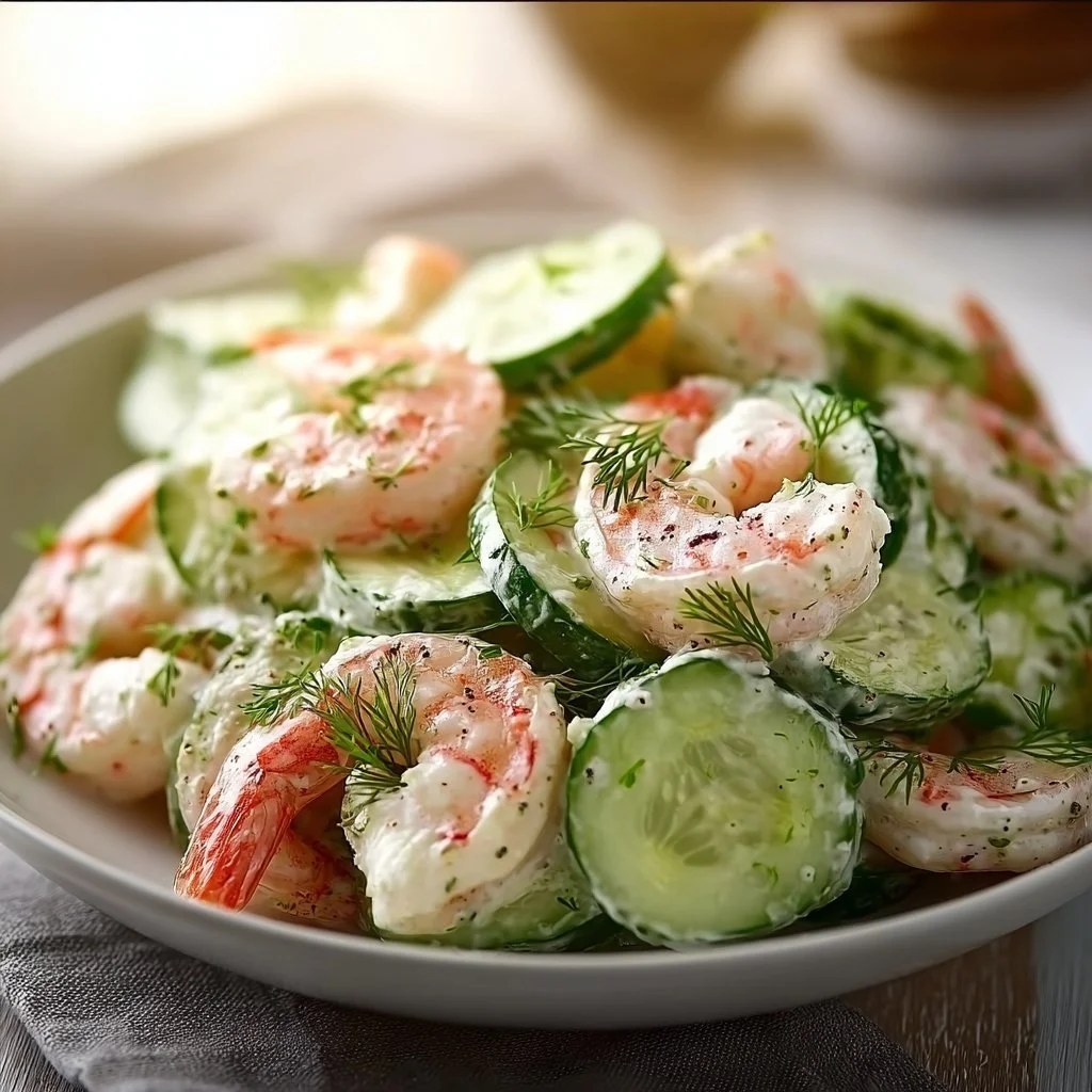 Delicious creamy cucumber shrimp salad with fresh ingredients.