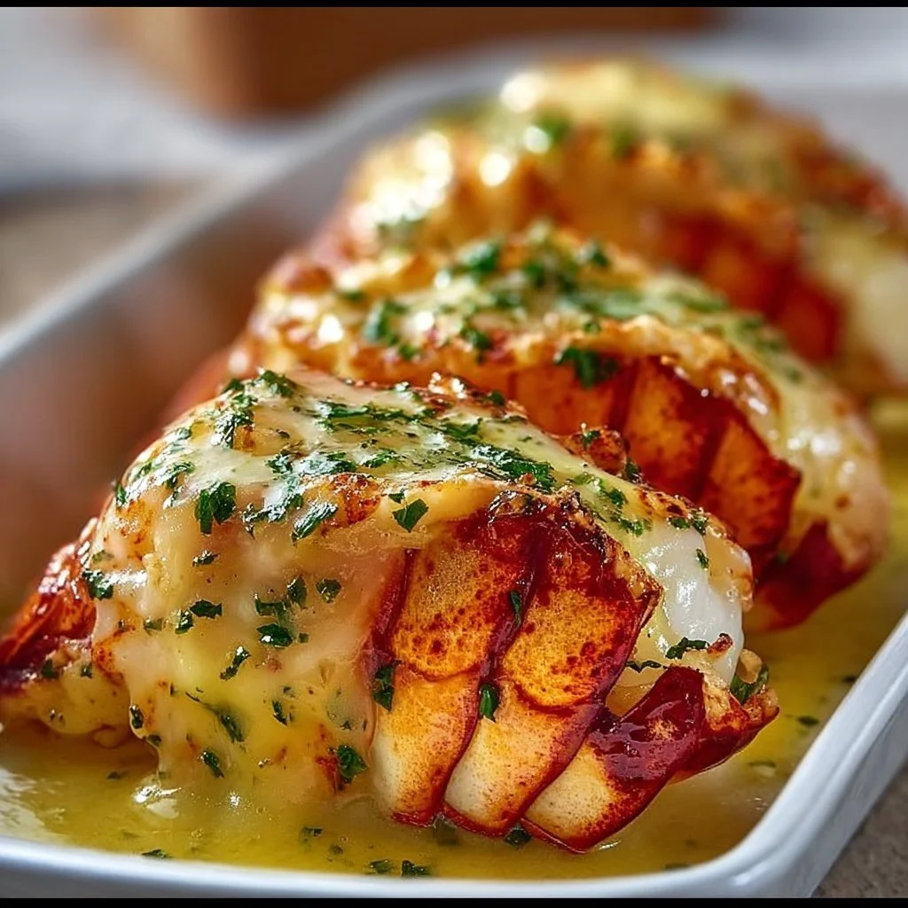 Delicious creamy garlic butter lobster tails served on a plate