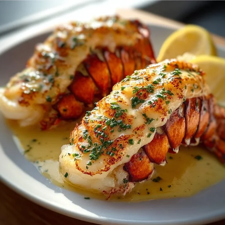 Creamy garlic butter lobster tails served on a plate with herbs