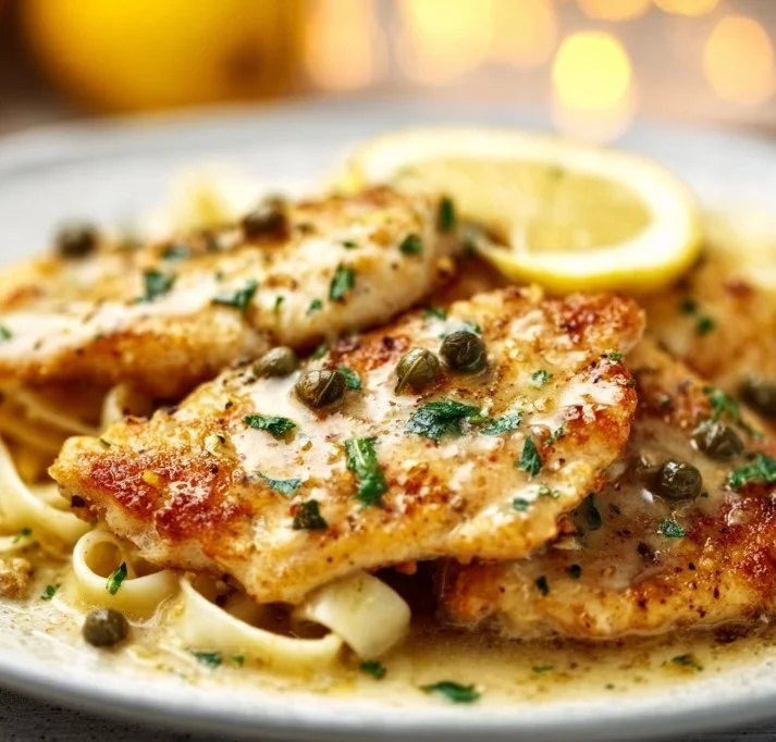 Creamy lemon chicken piccata served with fresh herbs and lemon slices.