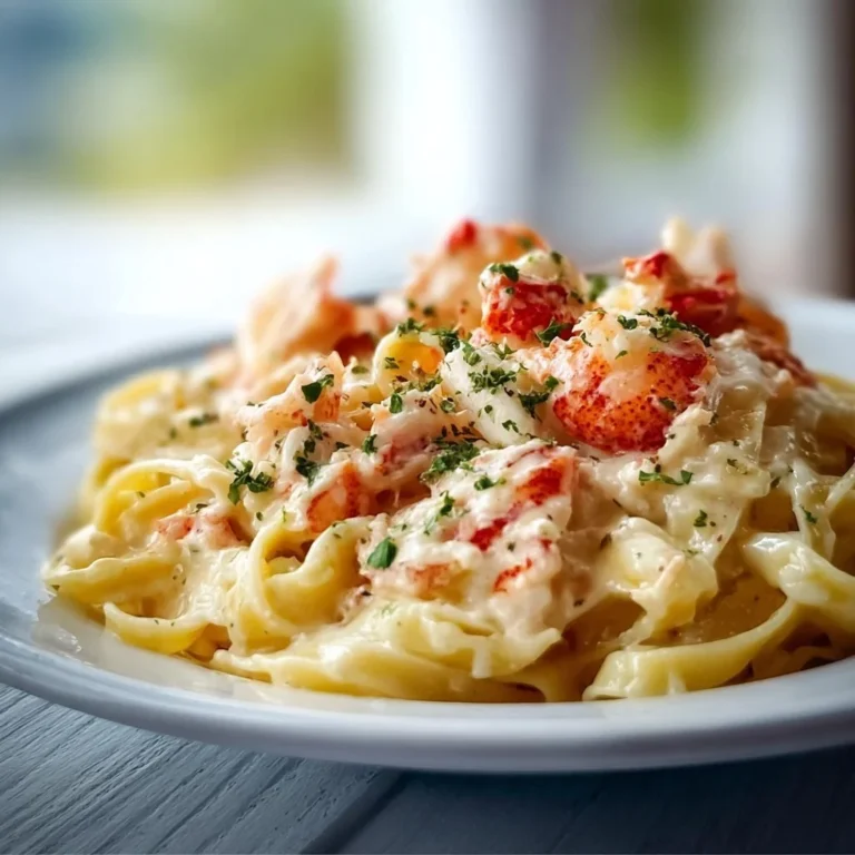 Creamy lobster pasta dish garnished with herbs and served in a bowl