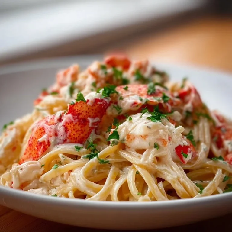 Creamy Lobster Pasta served in a bowl with fresh herbs and lemon slices