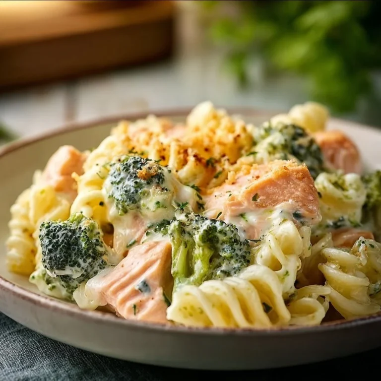 Creamy salmon and broccoli pasta bake in a ceramic dish, ready to serve.