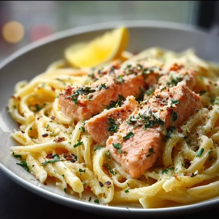 Delicious creamy salmon pasta dish garnished with herbs