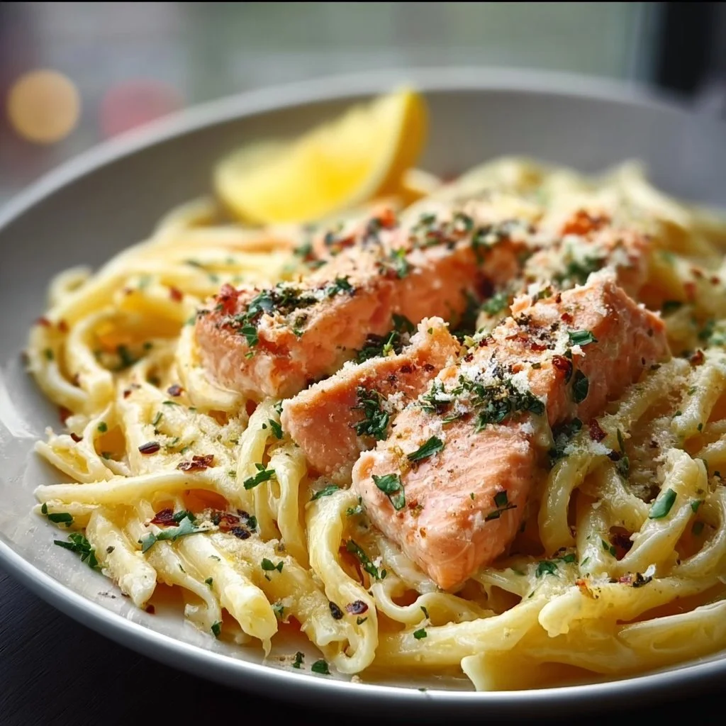 Delicious creamy salmon pasta dish garnished with herbs