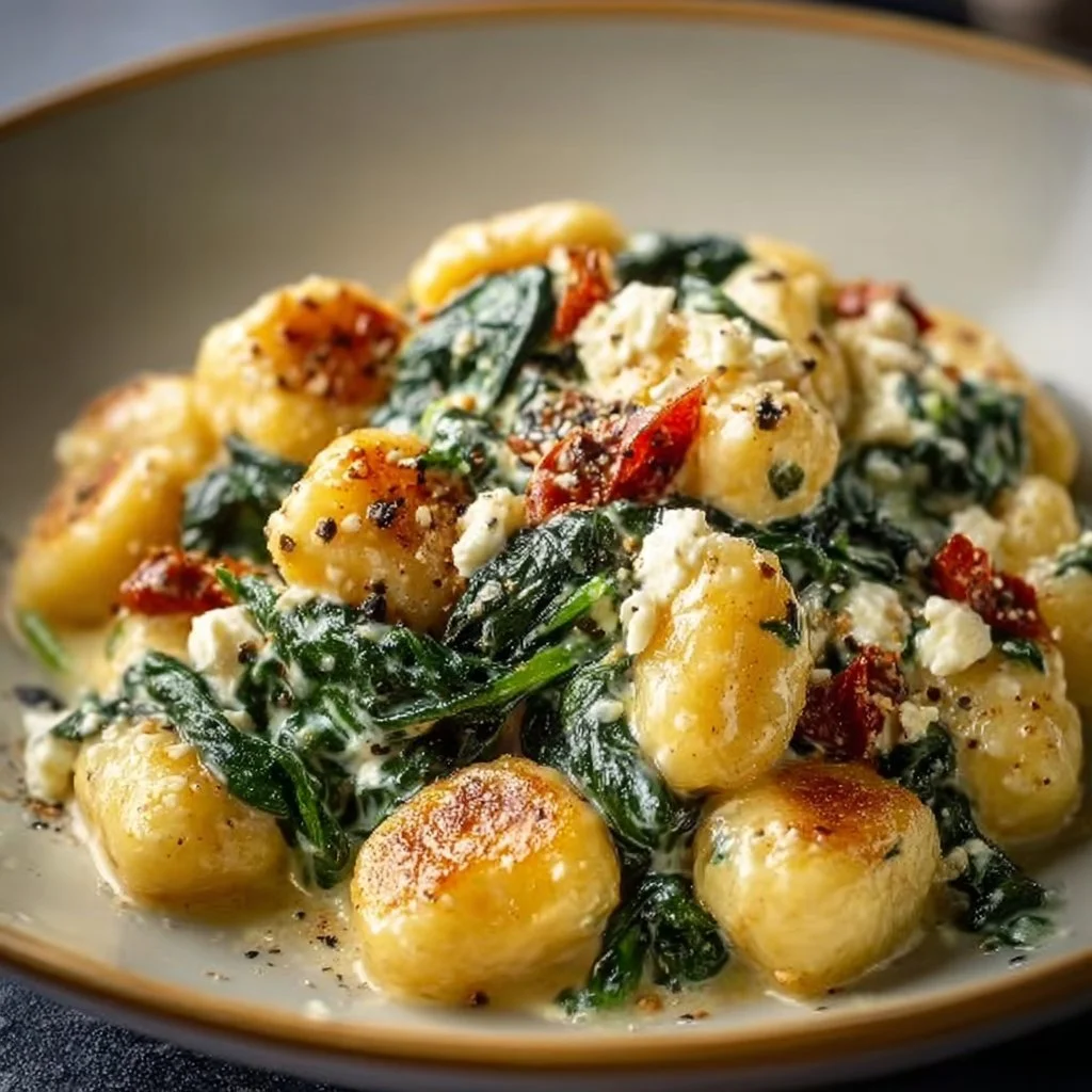 Plate of creamy spinach feta gnocchi topped with fresh herbs