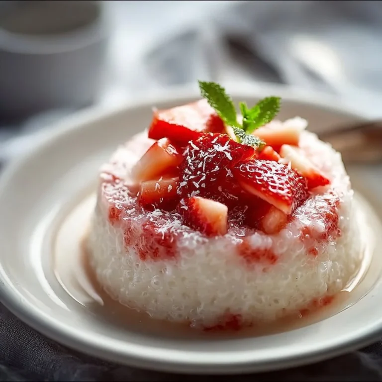 Creamy strawberry coconut tapioca dessert in a glass with fresh strawberries