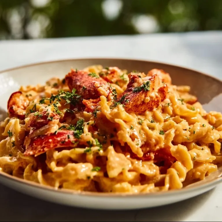 Creamy tomato and lobster pasta dish garnished with fresh herbs