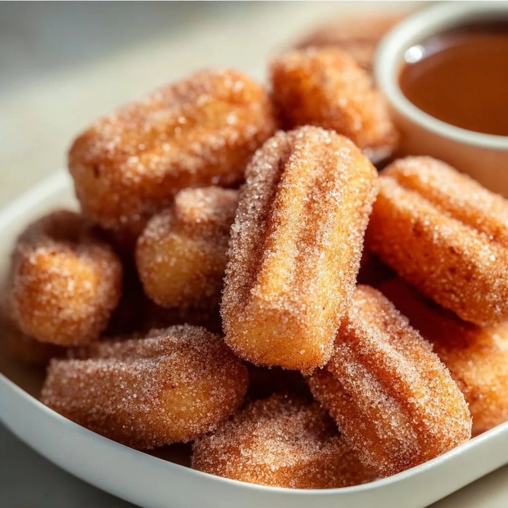 Crispy air fryer churro bites dusted with cinnamon sugar