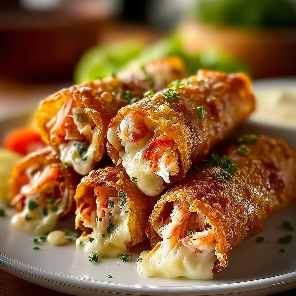 Crispy Crab and Shrimp Queso Roll-Ups served on a plate