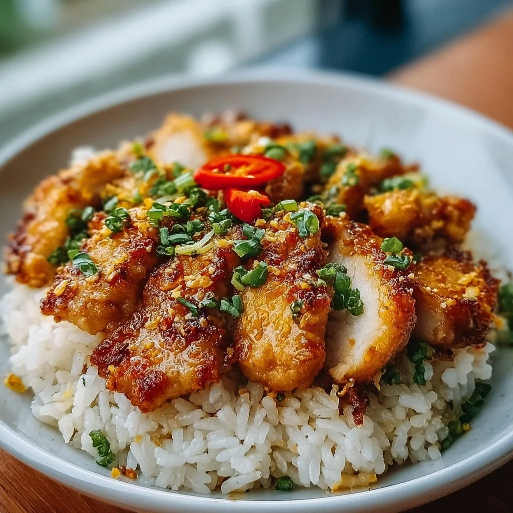 Delicious crispy garlic chicken served on a bed of rice with herbs and spices