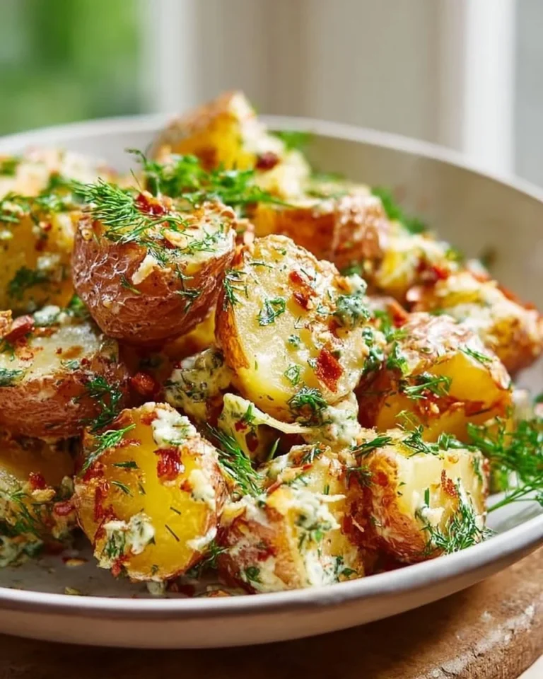 Crispy smashed potato salad topped with fresh herbs and a creamy dressing